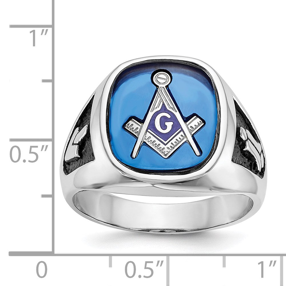 Solid 14k White Gold Enameled Synthetic Stone Mens Masonic Ring