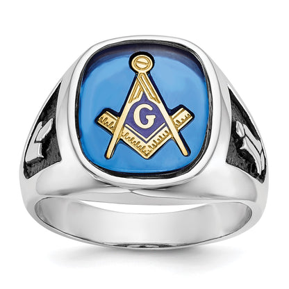 Solid 14k White Gold Enameled Synthetic Stone Mens Masonic Ring