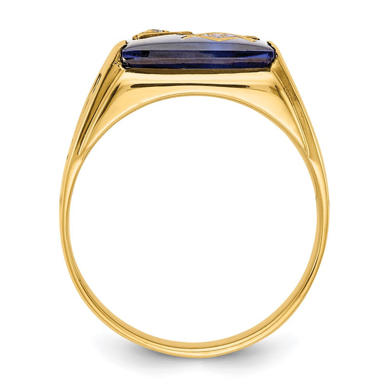 14K Yellow Gold Men'S Polished And Textured With Black Enamel, Imitation Blue Spinel Aa Quality Diamond Masonic Ring