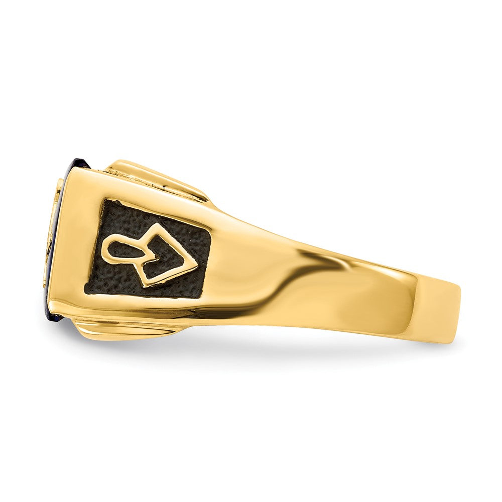 14K Yellow Gold Men'S Polished And Textured With Black Enamel, Imitation Blue Spinel A Quality Diamond Masonic Ring
