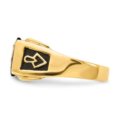 14K Yellow Gold Men'S Polished And Textured With Black Enamel, Imitation Blue Spinel A Quality Diamond Masonic Ring