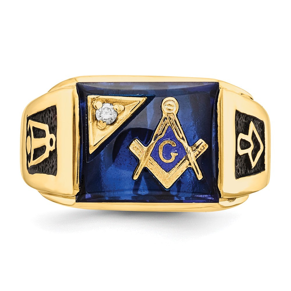 14K Yellow Gold Men'S Polished And Textured With Black Enamel, Imitation Blue Spinel Vs Quality Diamond Masonic Ring