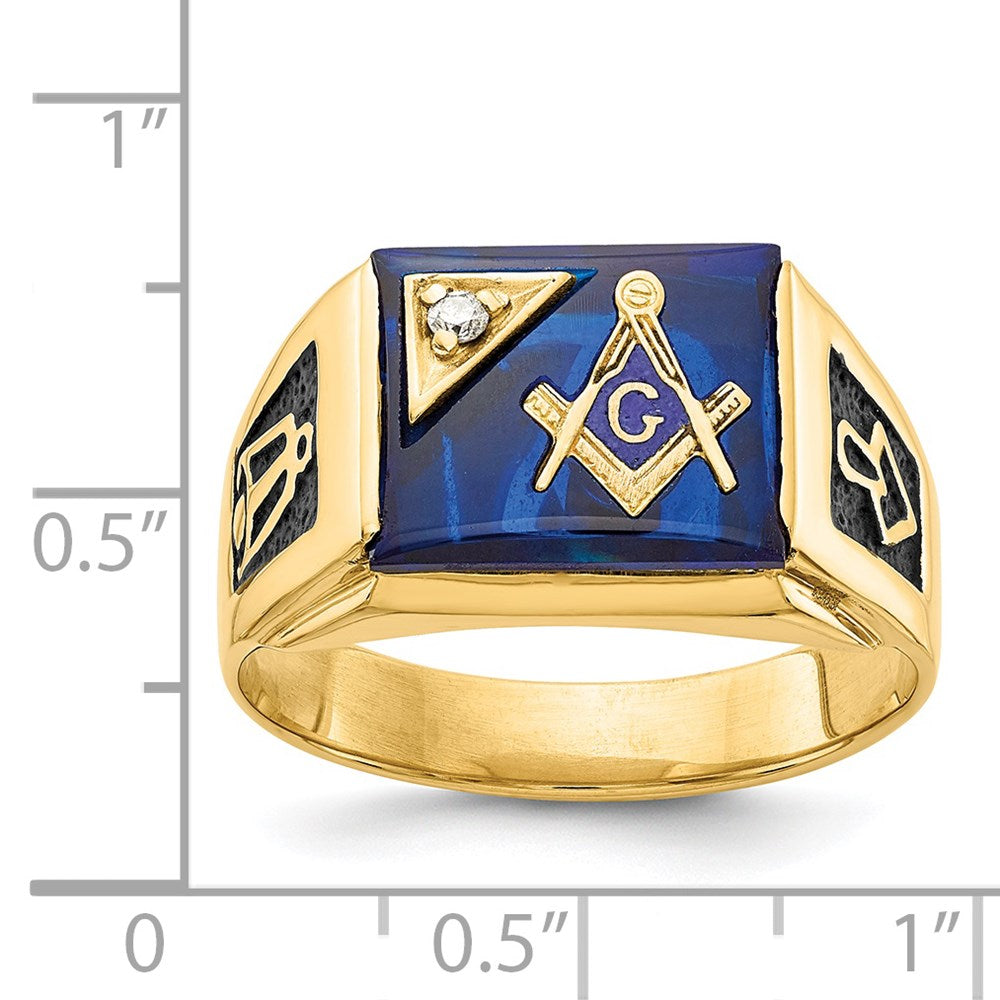 14K Yellow Gold Men'S Polished And Textured With Black Enamel, Imitation Blue Spinel A Quality Diamond Masonic Ring