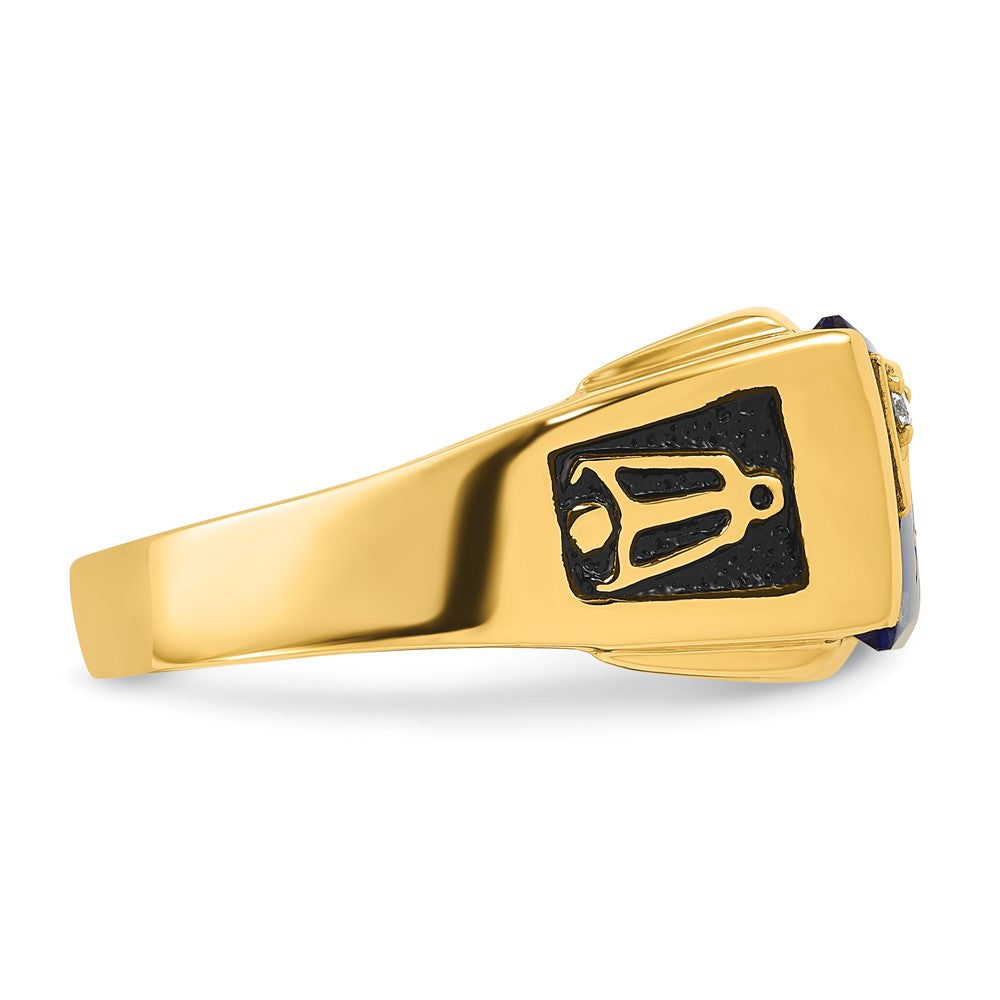 14K Yellow Gold Men'S Polished And Textured With Black Enamel, Imitation Blue Spinel A Quality Diamond Masonic Ring
