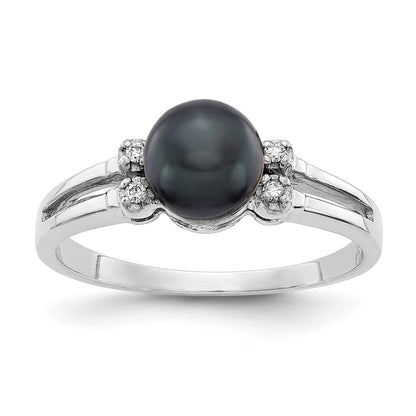 14K White Gold 6mm Black Fw Cultured Pearl Aaa Diamond Ring