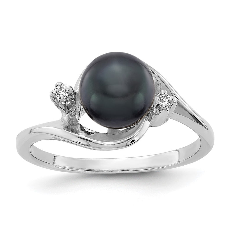 14K White Gold 7mm Black Fw Cultured Pearl A Diamond Ring