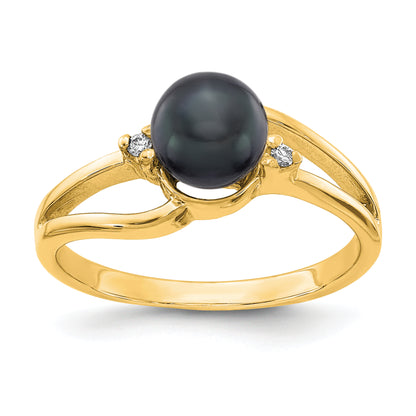 14K Yellow Gold 6mm Black Fw Cultured Pearl Vs Diamond Ring