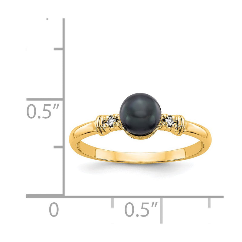 14K Yellow Gold 5mm Black Fw Cultured Pearl Aa Diamond Ring