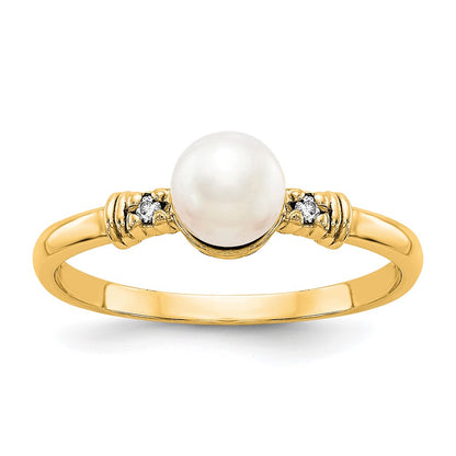 14K Yellow Gold 5mm Fw Cultured Pearl Aaa Diamond Ring