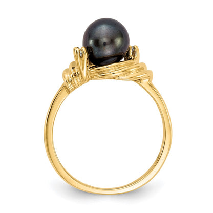 14K Yellow Gold 7mm Black FW Cultured Pearl A Real Diamond ring