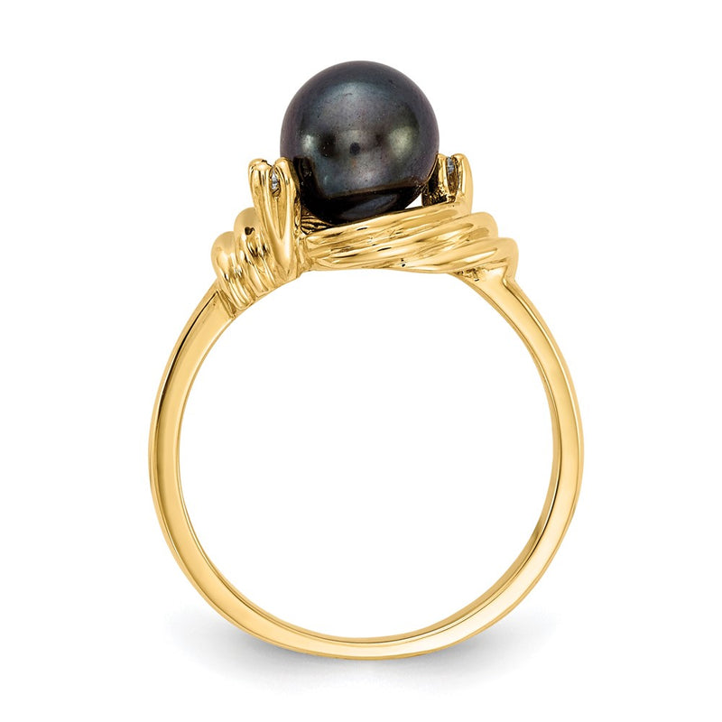 14K Yellow Gold 7mm Black FW Cultured Pearl A Real Diamond ring