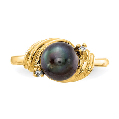 14K Yellow Gold 7mm Black FW Cultured Pearl A Real Diamond ring