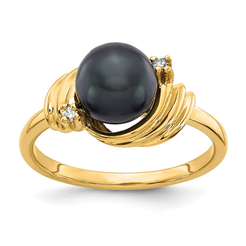 14K Yellow Gold 7mm Black FW Cultured Pearl A Real Diamond ring
