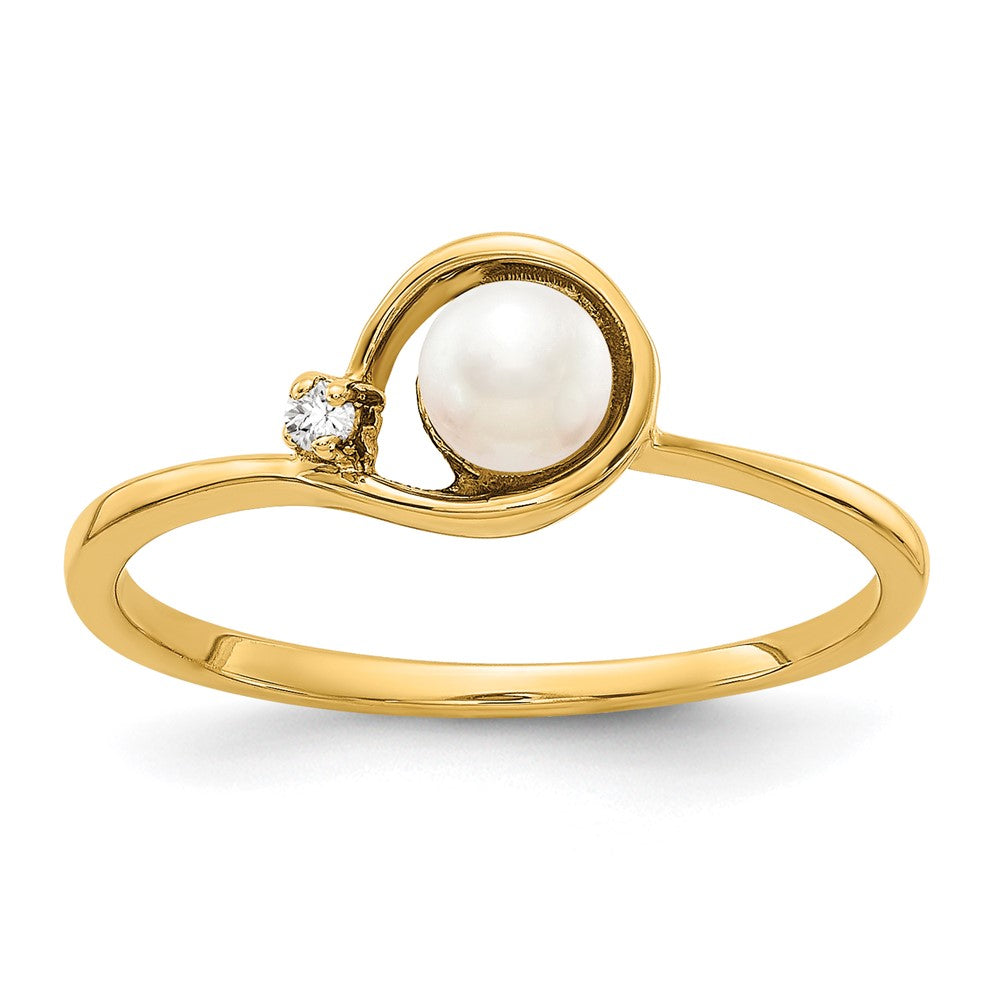 14K Yellow Gold 4mm Fw Cultured Pearl A Diamond Ring