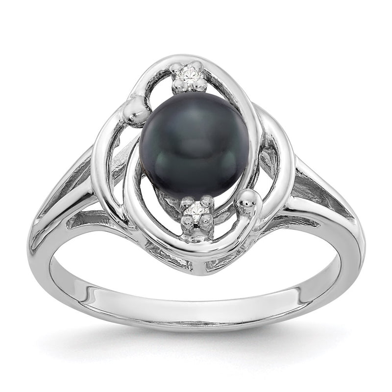 14k White Gold 6mm Black FW Cultured Pearl VS Real Diamond ring
