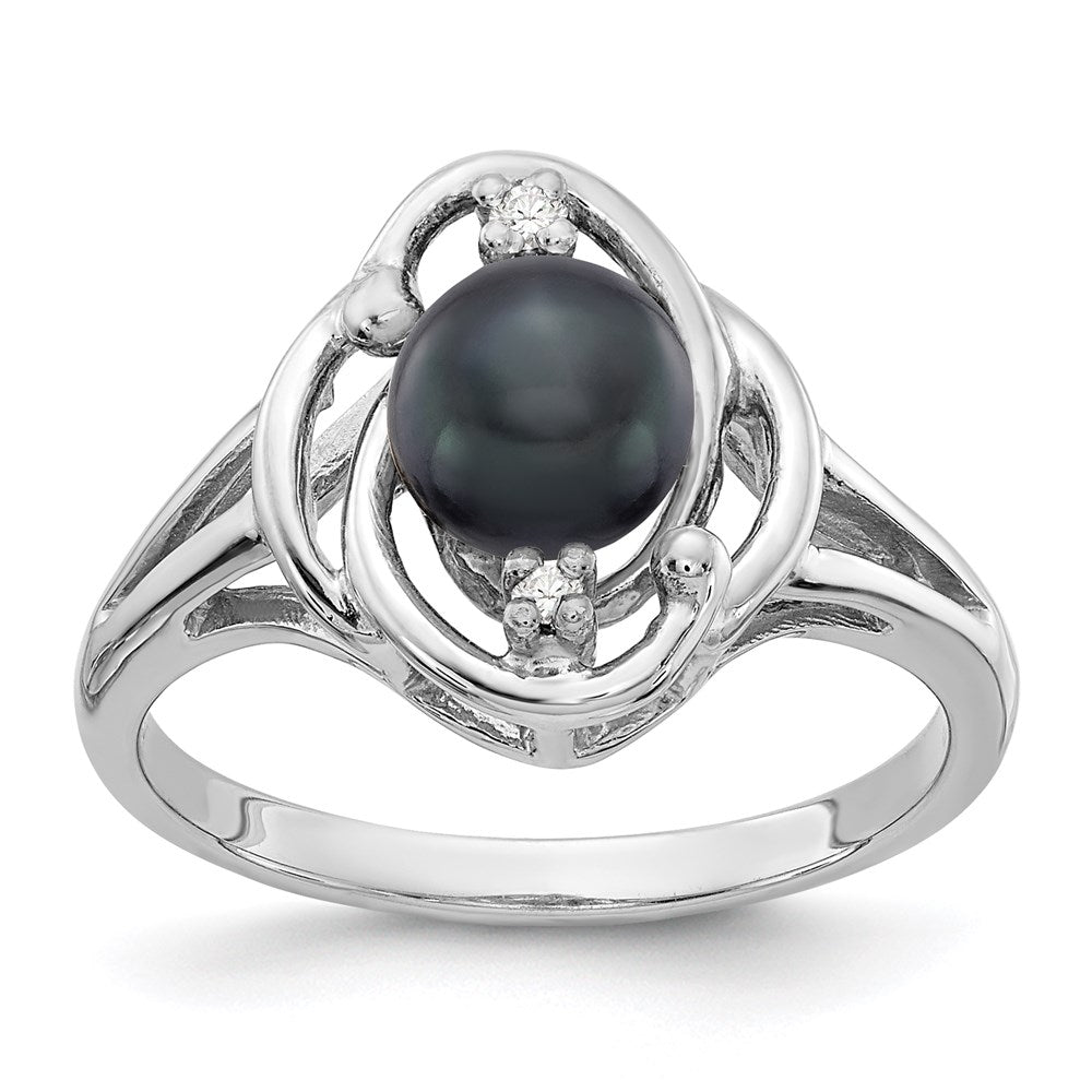14k White Gold 6mm Black FW Cultured Pearl AA Real Diamond ring