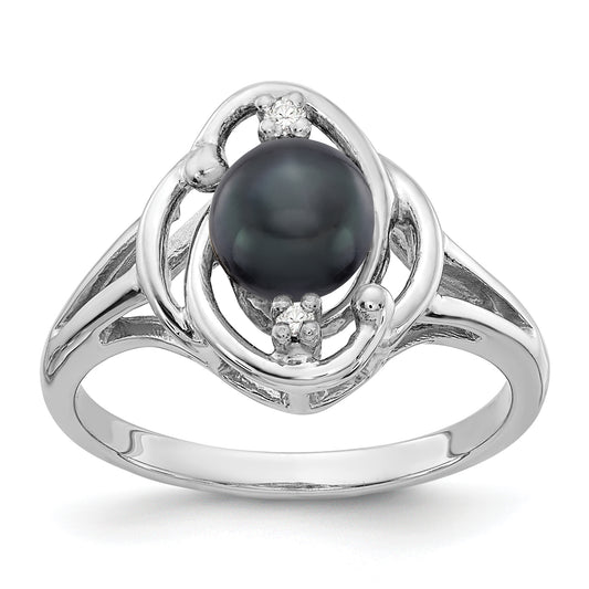 14k White Gold 6mm Black FW Cultured Pearl VS Real Diamond ring