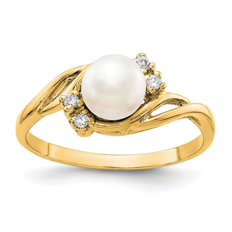 14k Yellow Gold Gold 6mm FW Cultured Pearl AAA Diamond ring