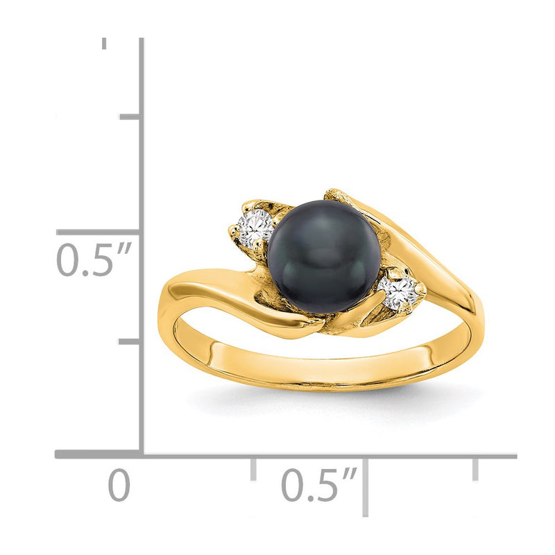 14K Yellow Gold 6mm Black FW Cultured Pearl A Real Diamond ring