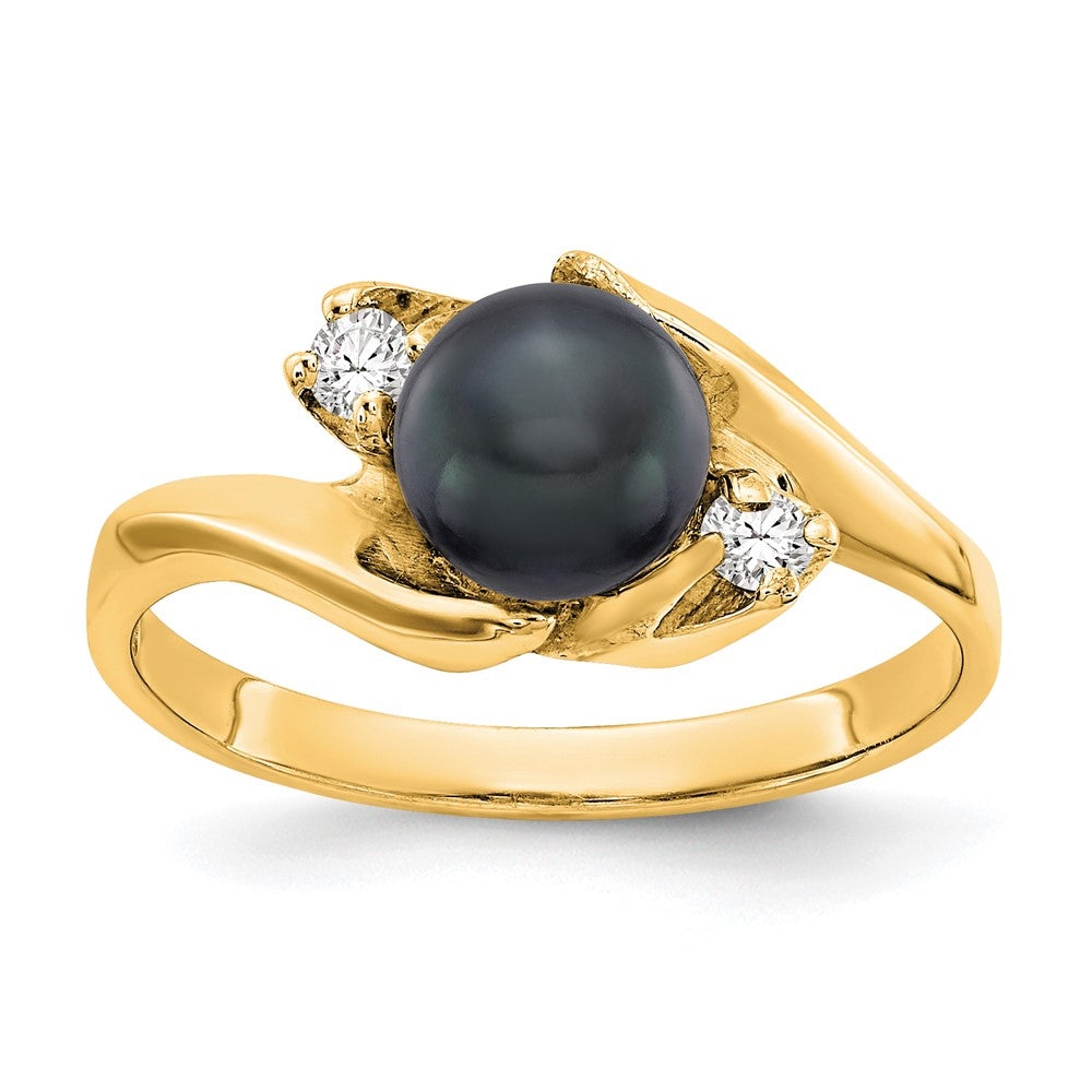 14K Yellow Gold 6mm Black FW Cultured Pearl A Real Diamond ring