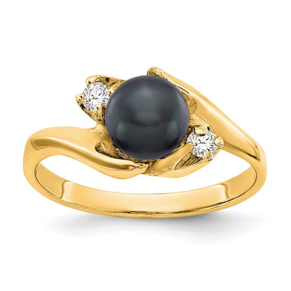 14K Yellow Gold 6mm Black FW Cultured Pearl A Real Diamond ring