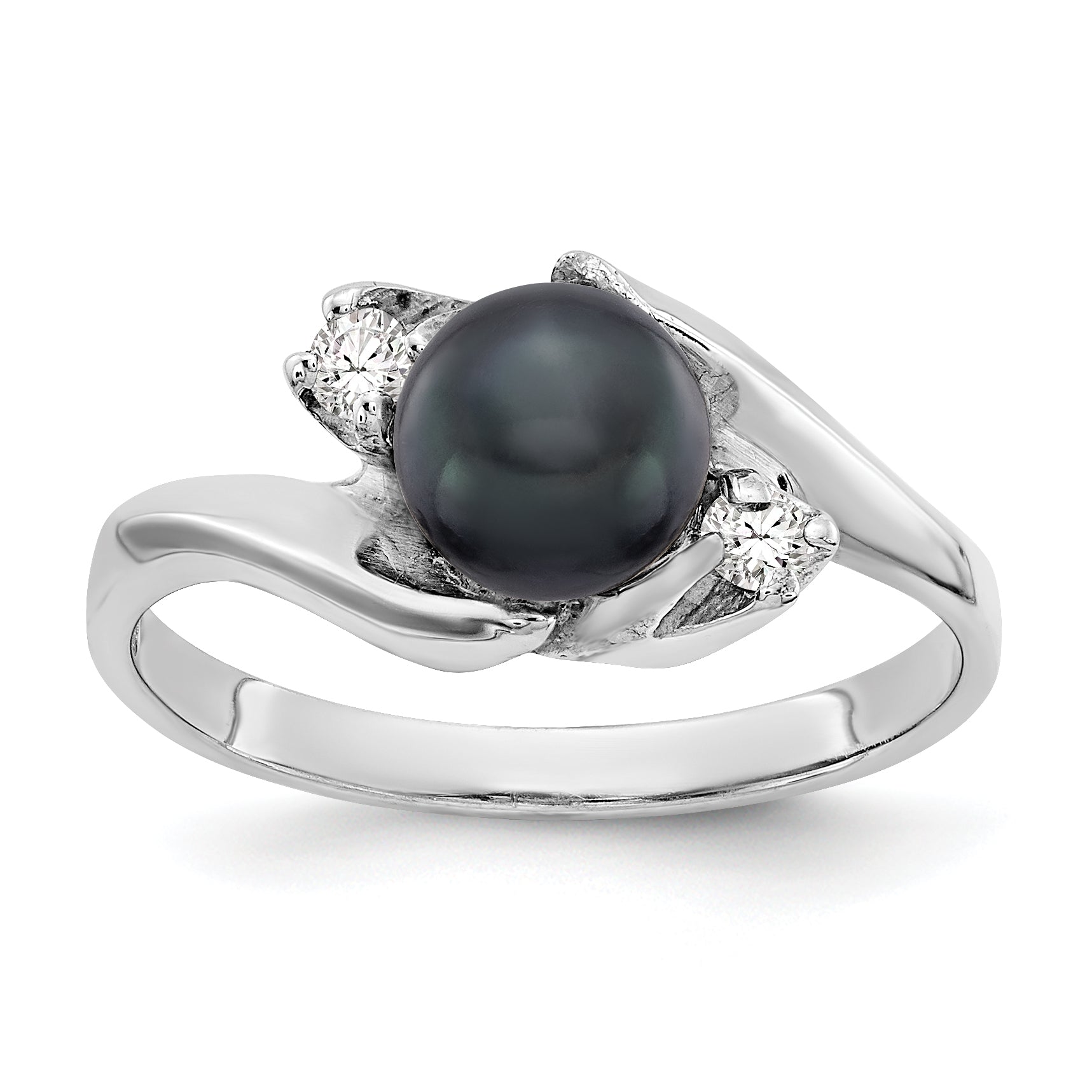 14k White Gold 6mm Black FW Cultured Pearl A Real Diamond ring