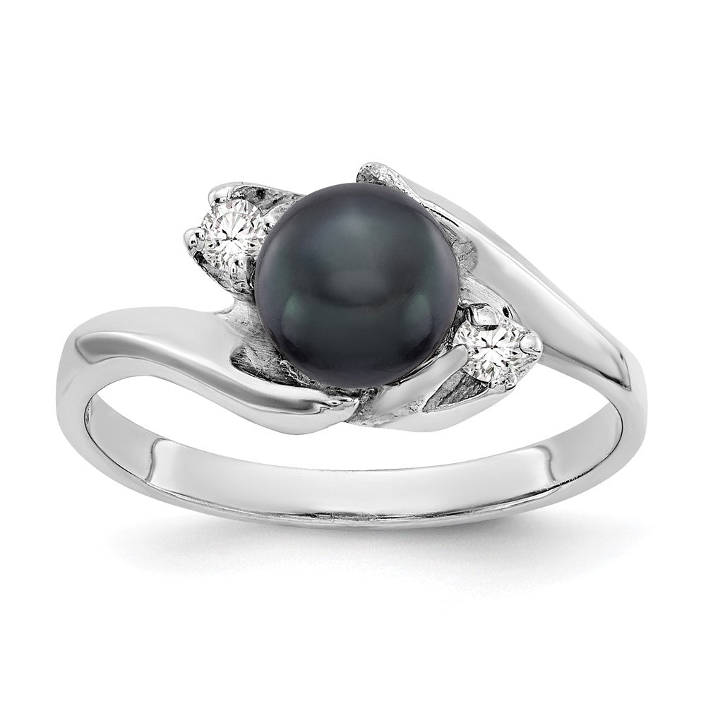 14K White Gold 6mm Black Fw Cultured Pearl Vs Diamond Ring