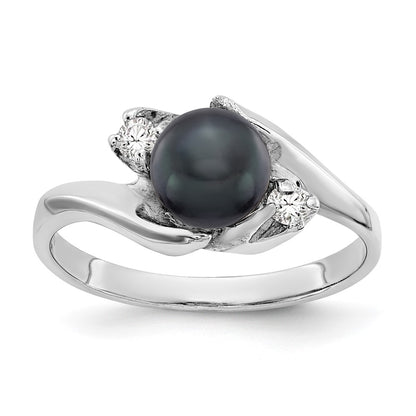 14K White Gold 6mm Black Fw Cultured Pearl Vs Diamond Ring
