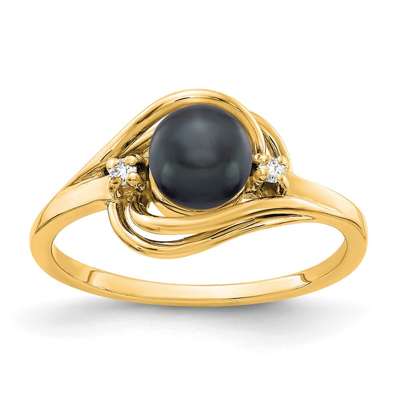 14K Yellow Gold 5.5mm Black Fw Cultured Pearl A Diamond Ring