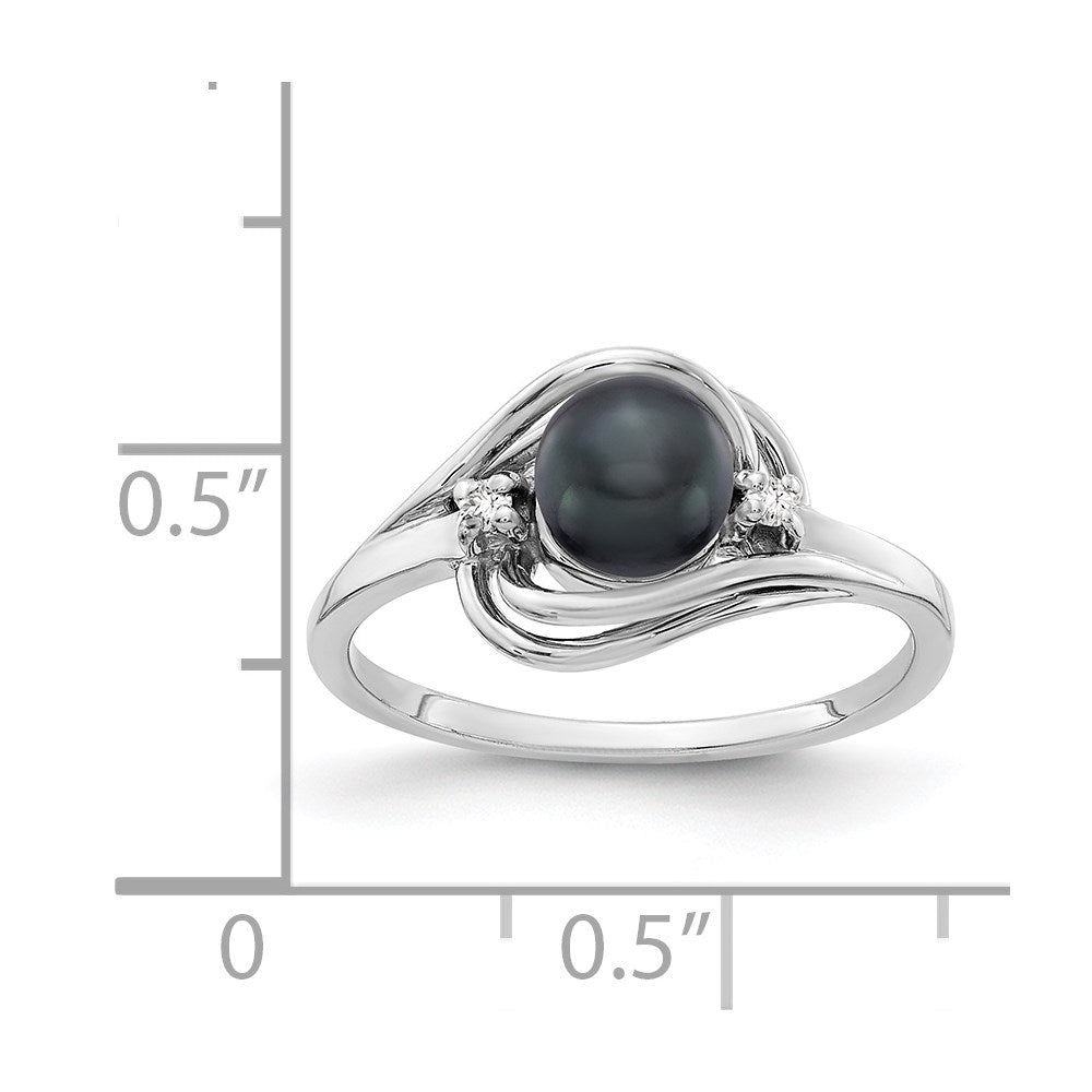 14K White Gold 5.5mm Black Fw Cultured Pearl Aa Diamond Ring