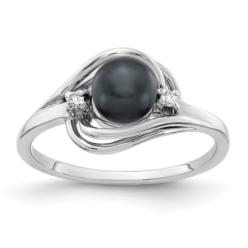 14K White Gold 5.5mm Black Fw Cultured Pearl A Diamond Ring