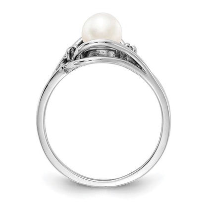 14K White Gold 5.5mm Fw Cultured Pearl Aaa Diamond Ring