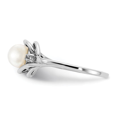 14K White Gold 5.5mm Fw Cultured Pearl Aaa Diamond Ring