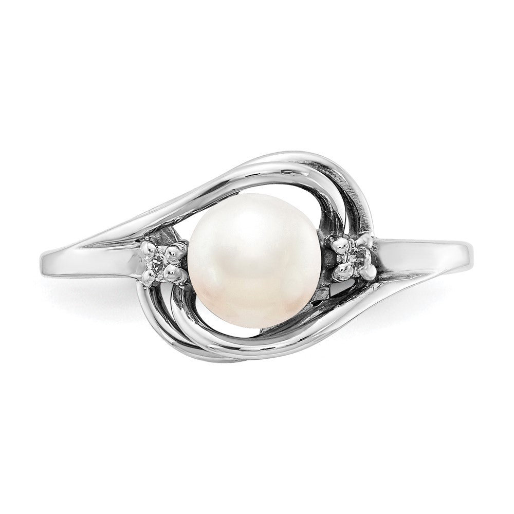 14K White Gold 5.5mm Fw Cultured Pearl Aaa Diamond Ring