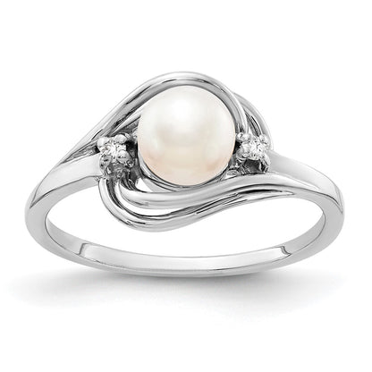 14K White Gold 5.5mm Fw Cultured Pearl Aa Diamond Ring
