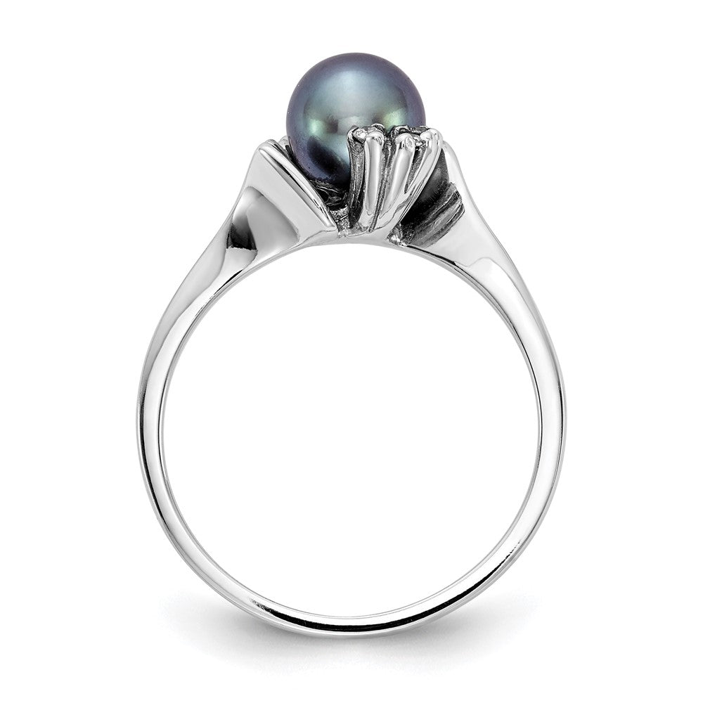 14K White Gold 6mm Black Fw Cultured Pearl A Diamond Ring