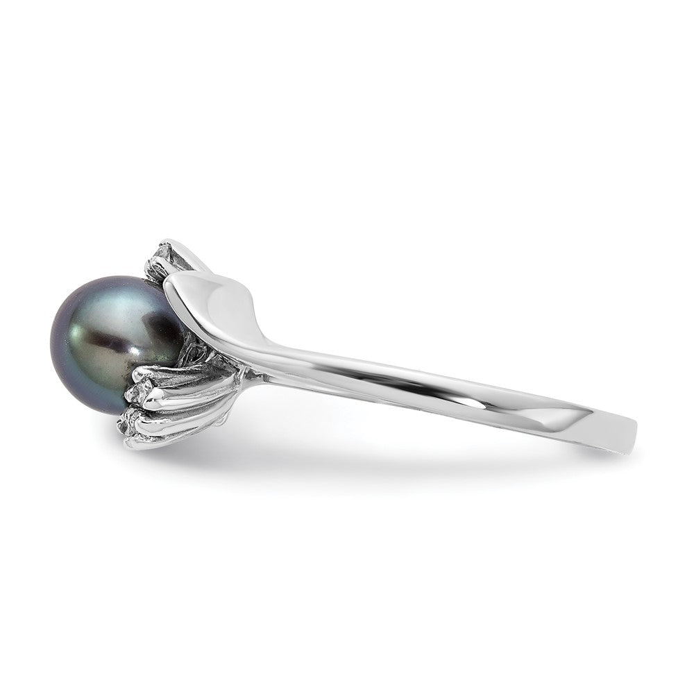 14K White Gold 6mm Black Fw Cultured Pearl A Diamond Ring