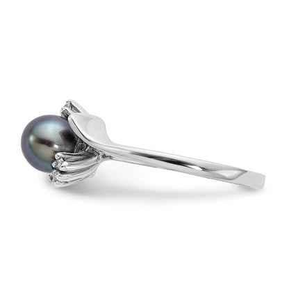 14K White Gold 6mm Black Fw Cultured Pearl A Diamond Ring
