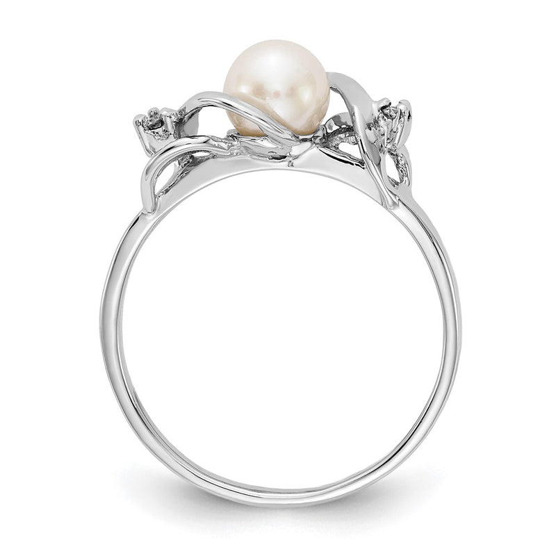 14K White Gold 5.5mm Fw Cultured Pearl Aa Diamond Ring