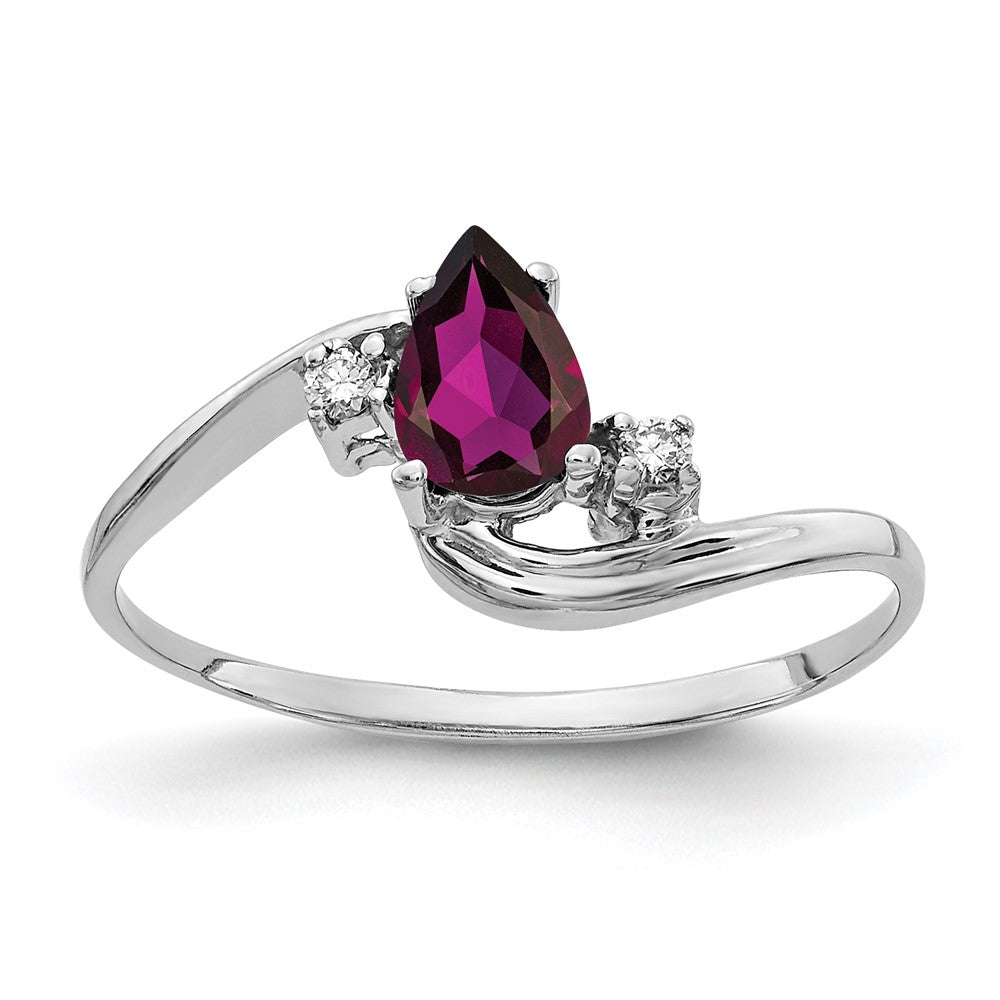 14K White Gold 6X4mm Pear Rhodolite Garnet Aa Diamond Ring