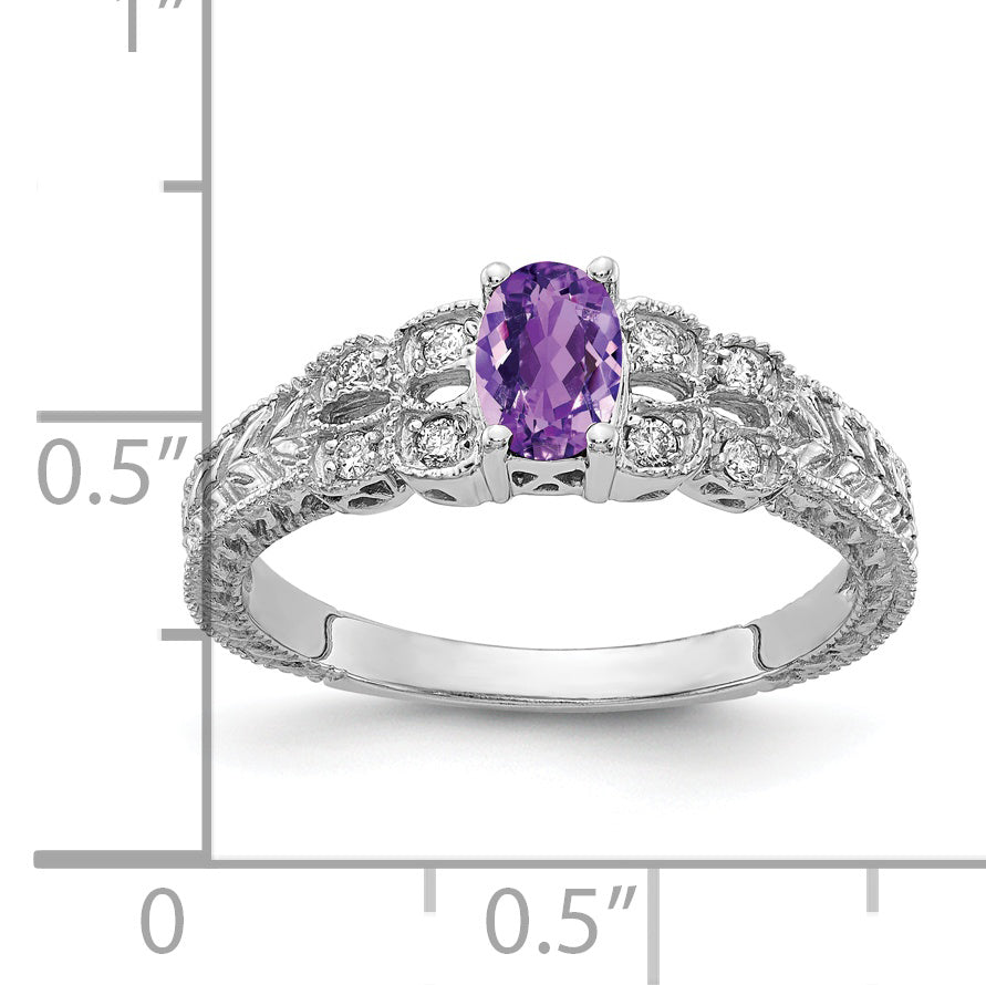 14k White Gold 6x4mm Oval Amethyst Checker AAA Real Diamond ring