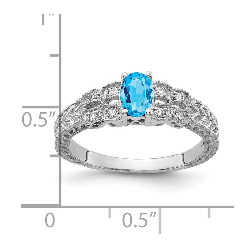 14k White Gold 6x4mm Oval Blue Topaz Checker VS Diamond ring