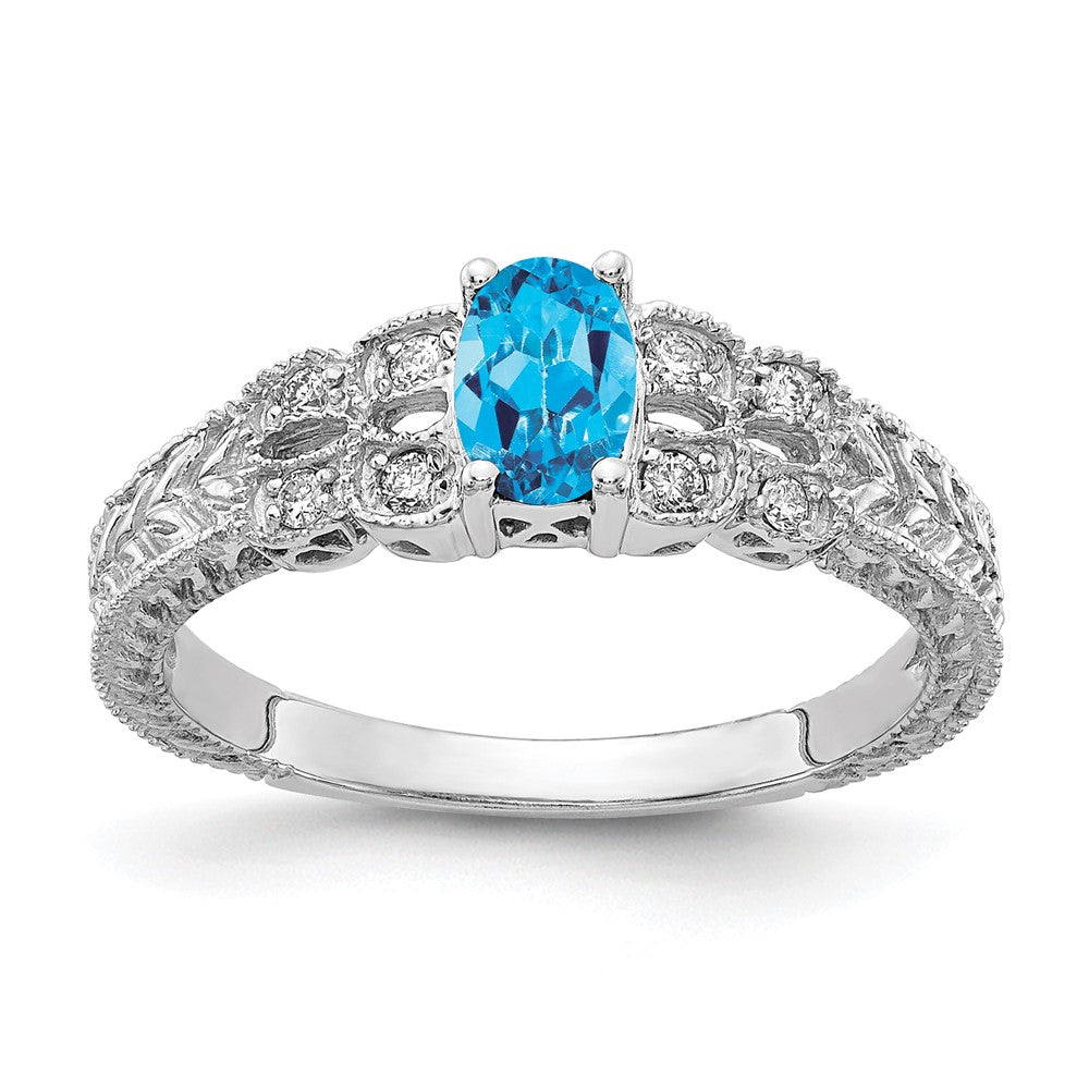 14k White Gold 6x4mm Oval Blue Topaz Checker A Real Diamond ring