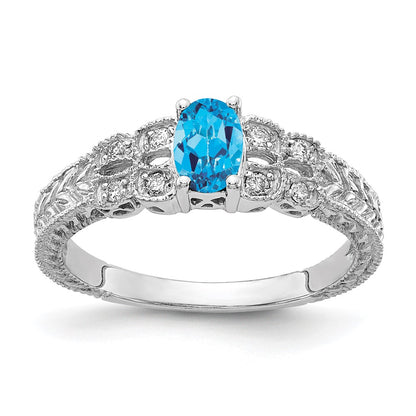 14k White Gold 6x4mm Oval Blue Topaz Checker A Real Diamond ring