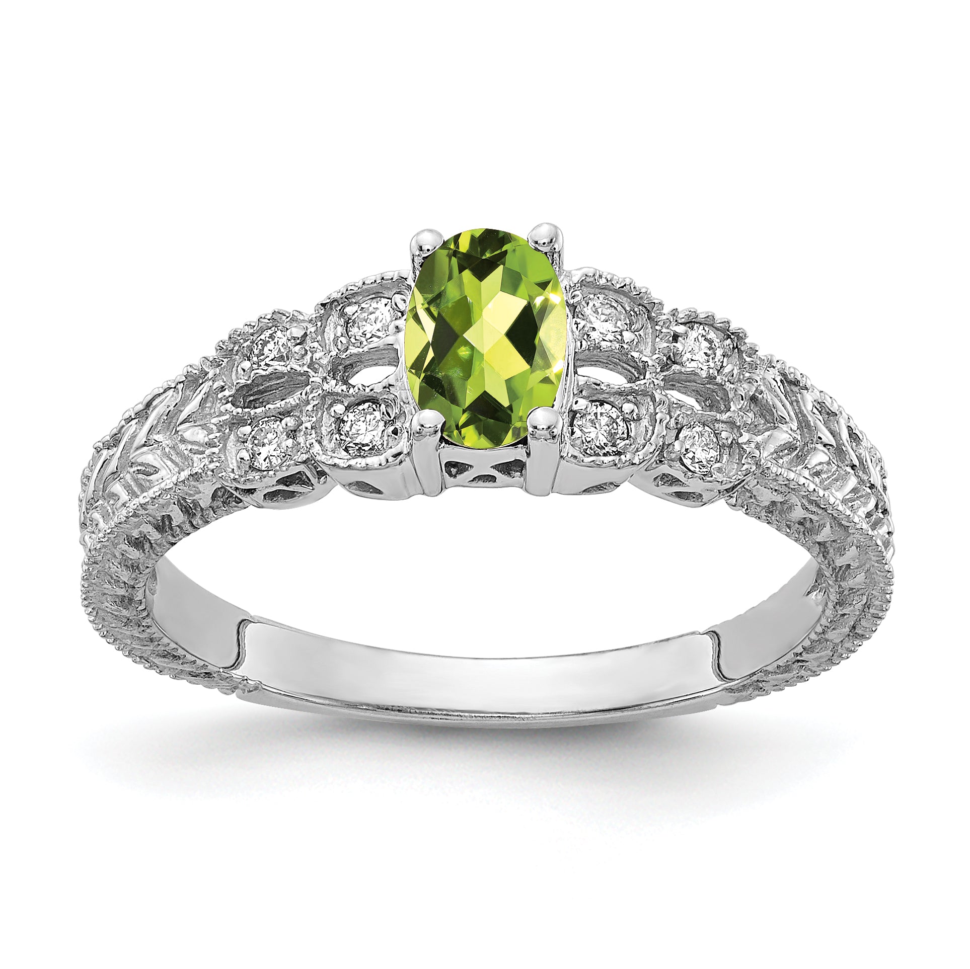 14k White Gold 6x4mm Oval Peridot Checker A Real Diamond ring