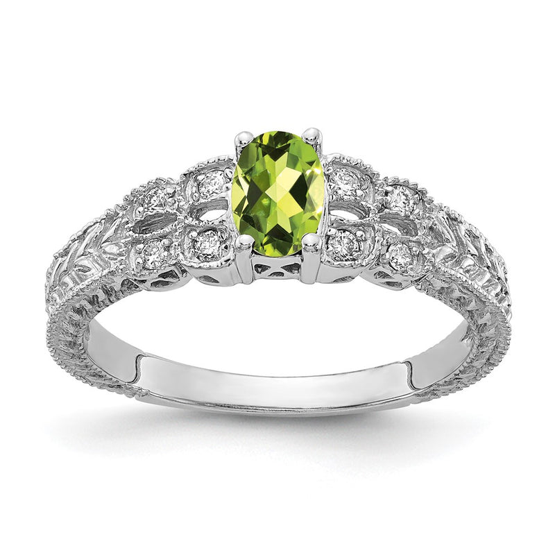 14k White Gold 6x4mm Oval Peridot Checker AA Diamond ring