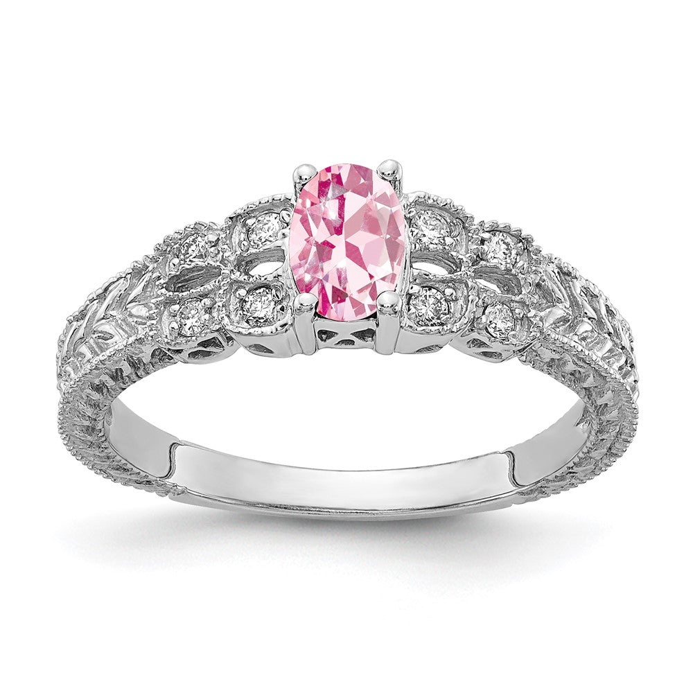 14K White Gold 6X4mm Oval Pink Tourmaline A Diamond Ring