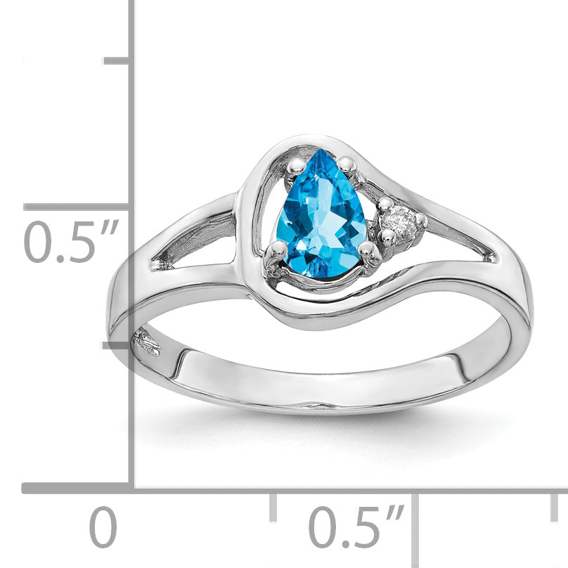 14K White Gold 6X4mm Pear Blue Topaz Aaa Diamond Ring