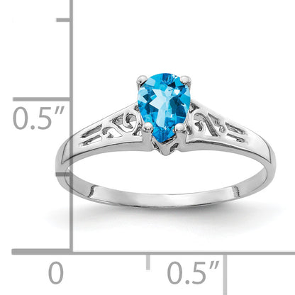 14k White Gold 6x4mm Pear Blue Topaz Checker ring