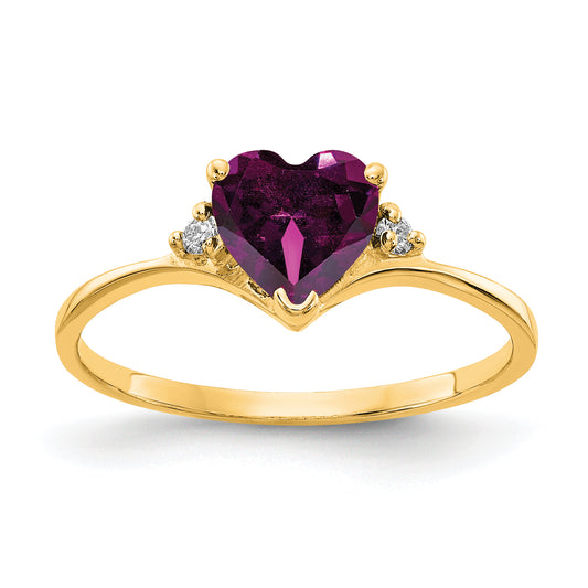 14K Yellow Gold 6mm Heart Rhodolite Garnet Vs Diamond Ring